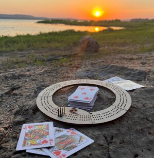 wooden travel cribbage ring with resin sunset design